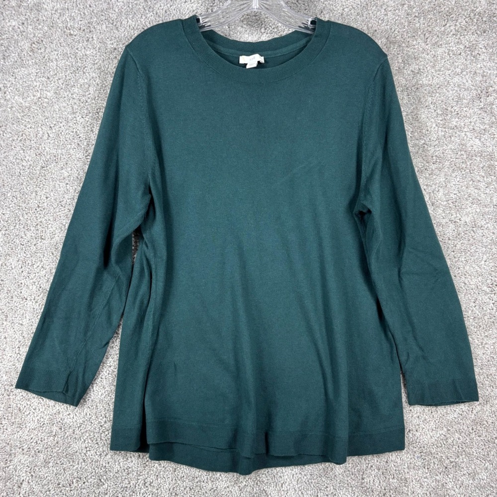 J. Jill Women Petite Large Dark Green Cotton Rayon Blend Crew Neck Sweater L P